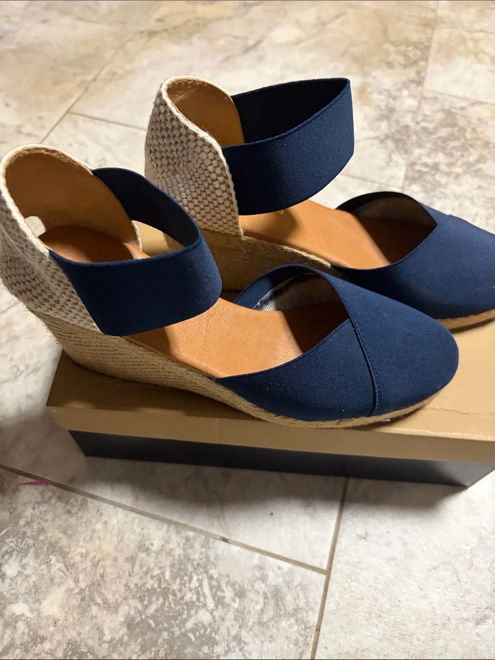 Andre Assous Navy Canvas Espadrille Wedge with Elastic Ankle Strap